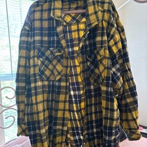 Yellow and Black Plaid Flannel Shirt with Fringes